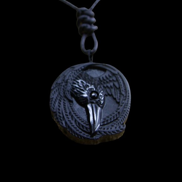 Obsidian Viking Raven Necklace with Genuine Hand Knotted Soft Black Leather Cord - Picture 1 of 10